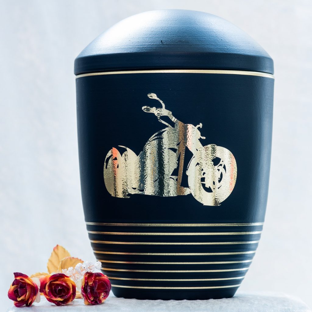Keramik Urne schwarz mit goldenem Motorradmotiv